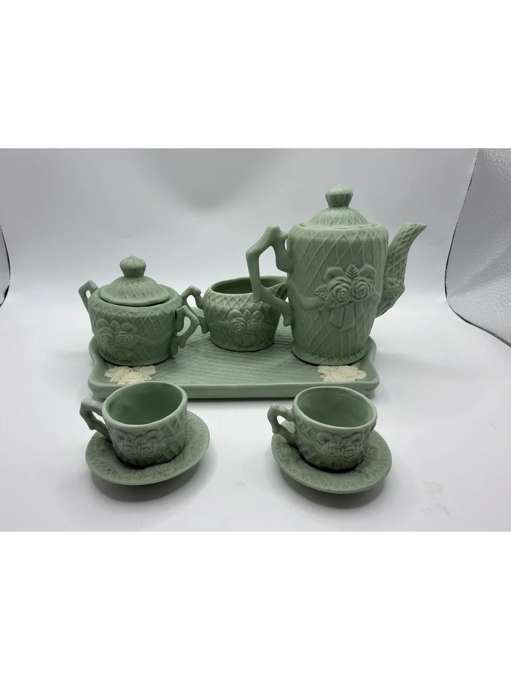 Vintage Green Ceramic Tea Set with Floral Embossed Design